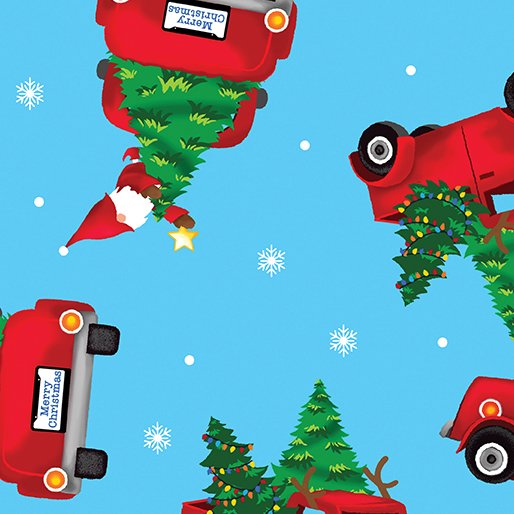 Fabric - HOLIDAY - GNOME - TRUCKS- BLUE By KANVAS STUDIO