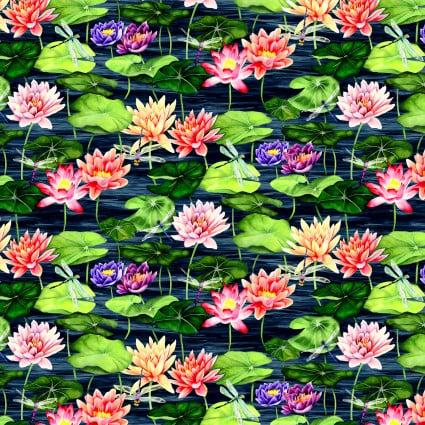 Multicolor Digital Lily Pond - Dragonfly Days - Cedar West - Clothworks - Y3753-55