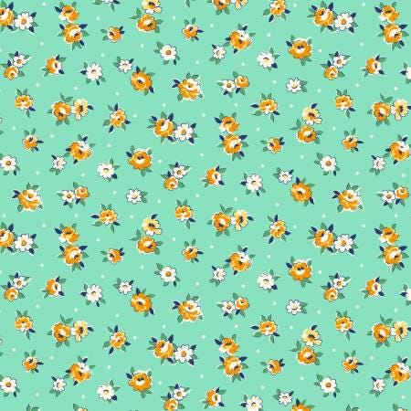 Aqua Tossed Flowers - Aunt Grace Garden Variety - Judie Rothermel - Marcus Fabrics - R351026D-AQUA