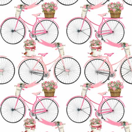 White Flower Bicycles - Hugs Kisses & Special Wishes - 3 Wishes Fabric - Beth Albert - 19557-WHT