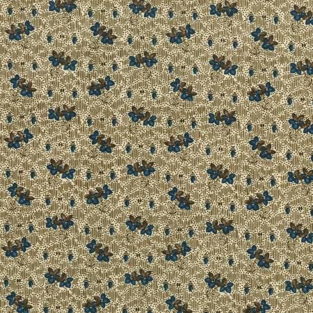 Fabric - Flowers - Blue on Tan - Robert Kaufman - AZU205124